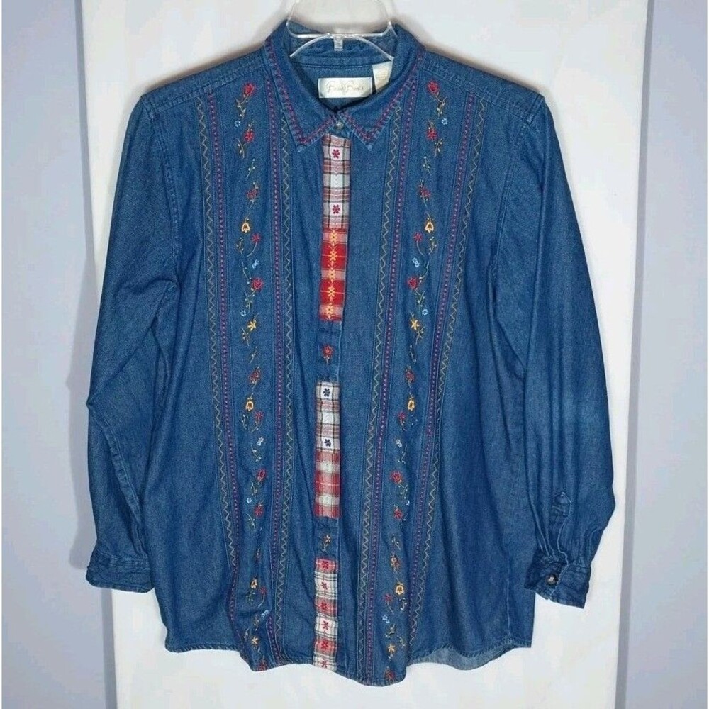 Women’s Button Up Chambray Shirt L Blue Embroidered Boho Western Cottagecore